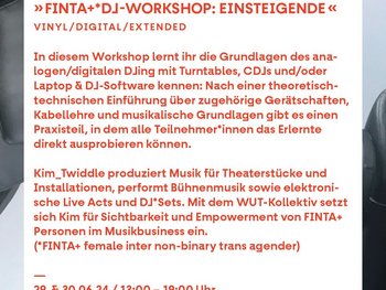 Screenshot von der Ankündigung der Veranstaltung "Finta+* DJ-Workshop" im Juni 2024 mit roter Schrift auf weißem Hintergrund.