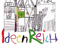 Logo Ideenreich e.V.: Vier von Kinderhand gezeichnete Phantasiehäuser stehen über dem bunten Schriftzug "IdeenReich". Darunter der Text: Kreativ & Gesund e.V.